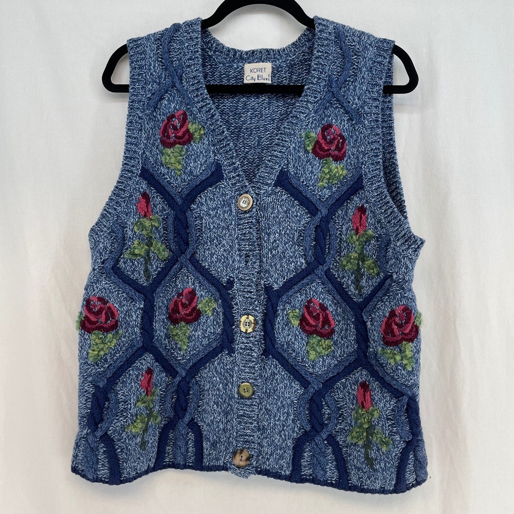Koret City Blues Knit Sweater Vest Button Down Blue Flowers Women’s Size M 10-12
